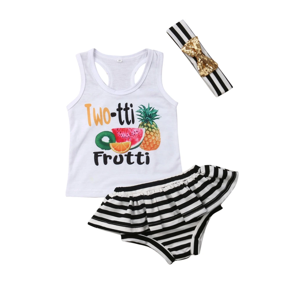 Girl 3 Pieces Outfit, Fruits Letter Print Vest + Shorts + Headband