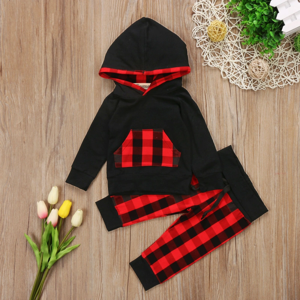 Baby Boys Girls Long Sleeve Hoodie Sweatshirts + Plaid Print Long Pants Set