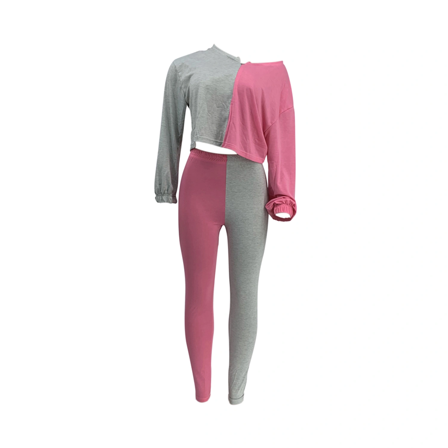 2Pcs Women Outfits, Contrast Color Loose Top + Skinny Pants Set