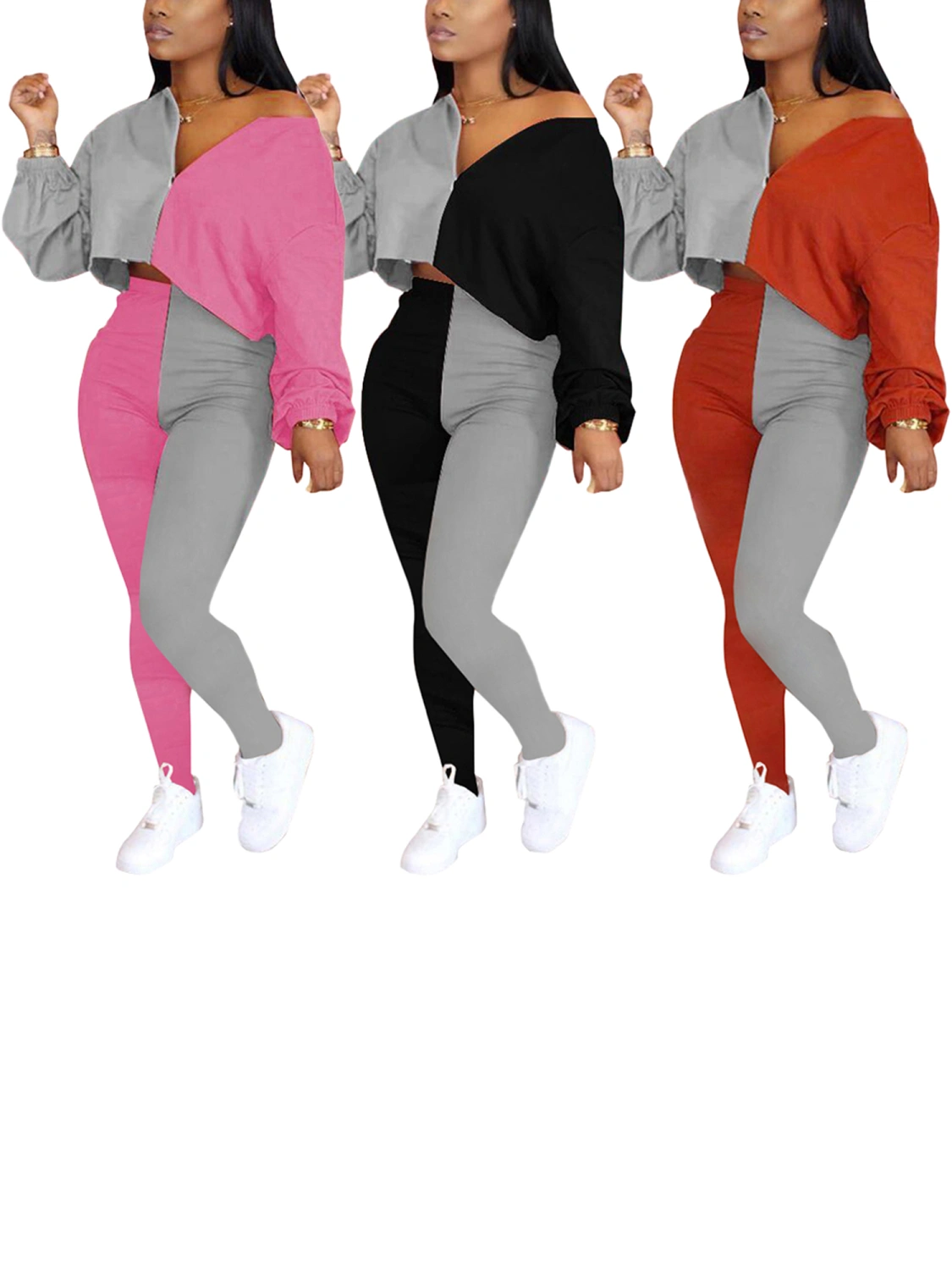 2Pcs Women Outfits, Contrast Color Loose Top + Skinny Pants Set