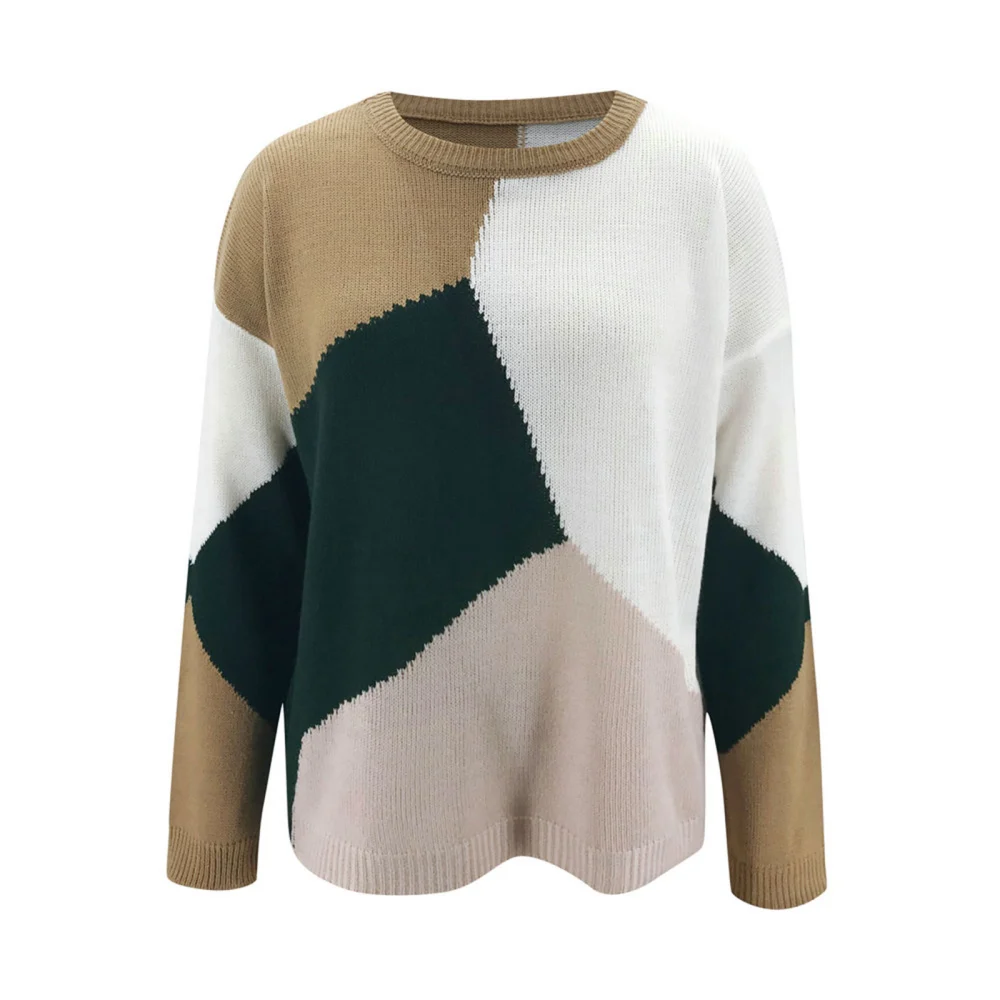 Women Loose Knitted Sweater, Long Sleeve Round Neck Color Block Pullover