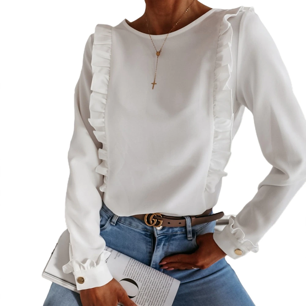 Female Shirt, Solid Color Round Neck Long Sleeve Blouse Tops