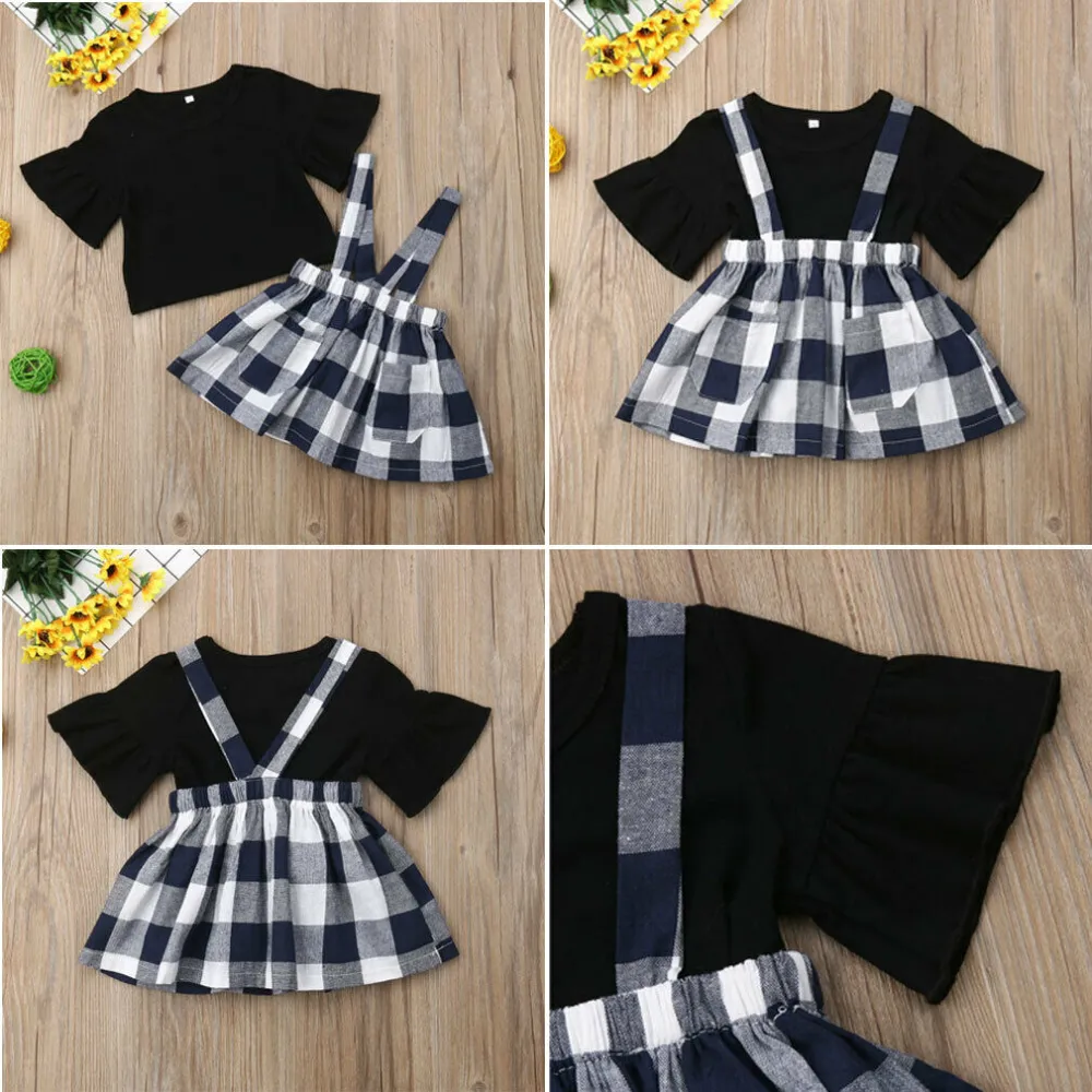 Girl's Black Short Flared Sleeve T-shirt + Plaid Suspender Skirt