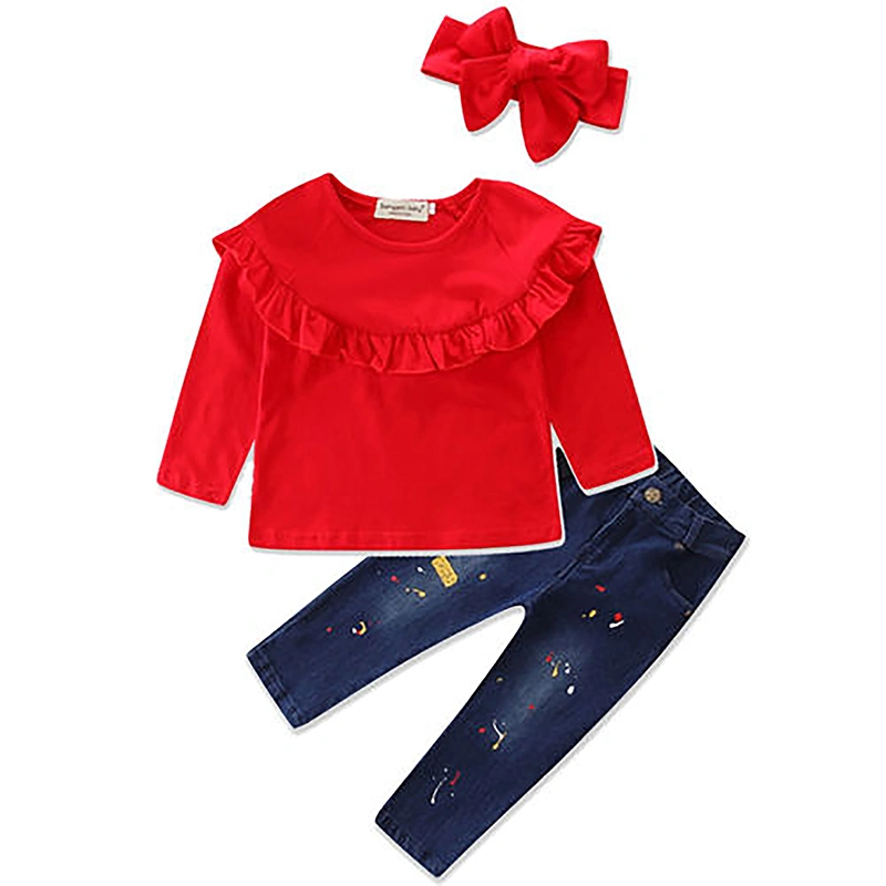 Girl's Solid Color Ruffled T-shirt with Denim Pants and Headband