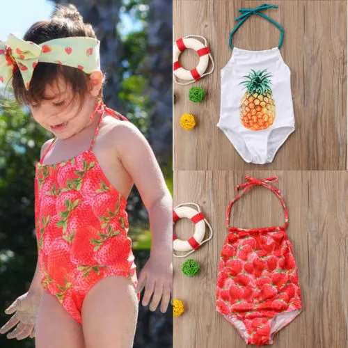 Girls Pineapple Print Swimwear Kids Suspender One-Piece Bikini Swimsuit