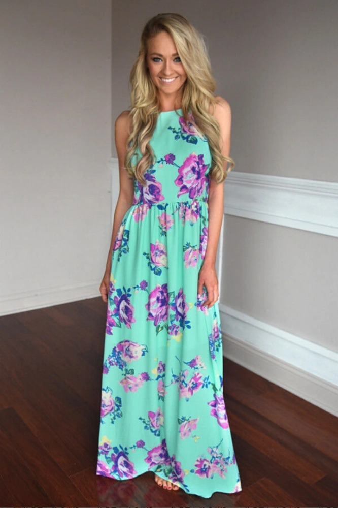 Women Long Dress, Sling Floral Printed Ankle Length Bohemian Dress