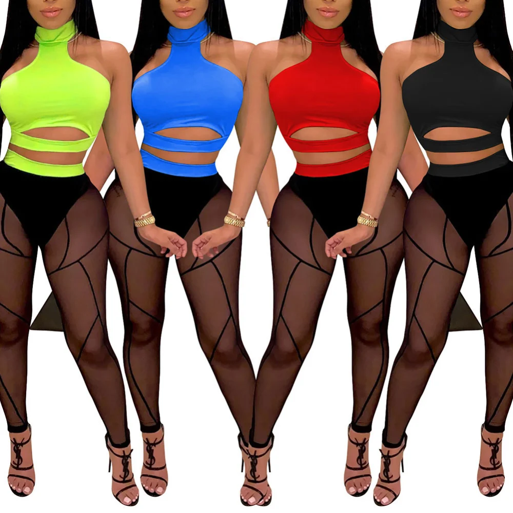 Women's Skinny Style Clothes, Halter Crop Tops + See Through Pants