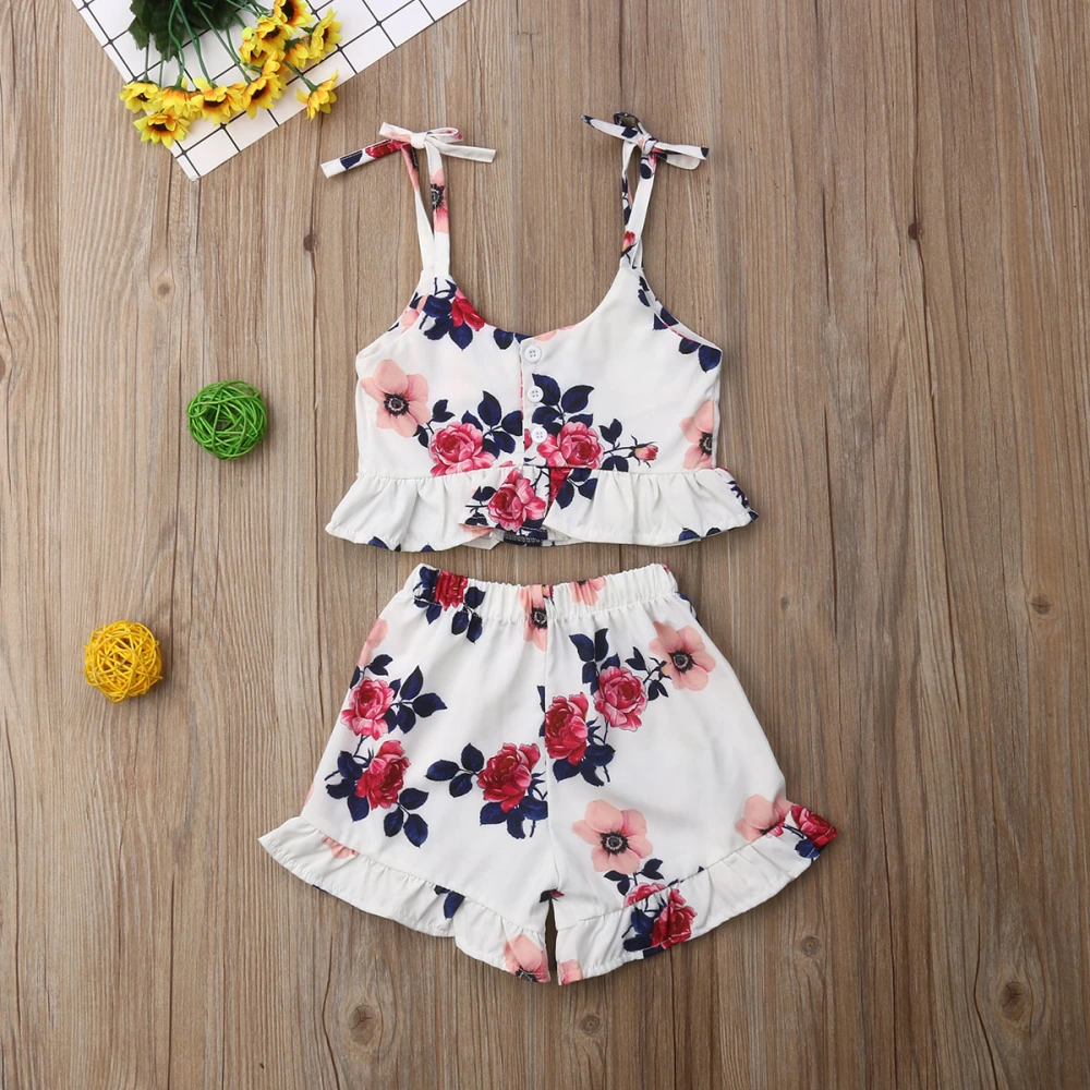 Girl's Sleeveless Ruffle Hem Floral Sling Tops + Ruffle Floral Shorts