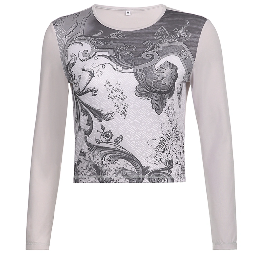 Ladies Round Collar T-shirt, Printing Midriff-baring Tops Base Shirt