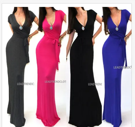 Women Sexy Maxi Dress Short Sleeve Deep V Neck Floor Long Sleeve Dress