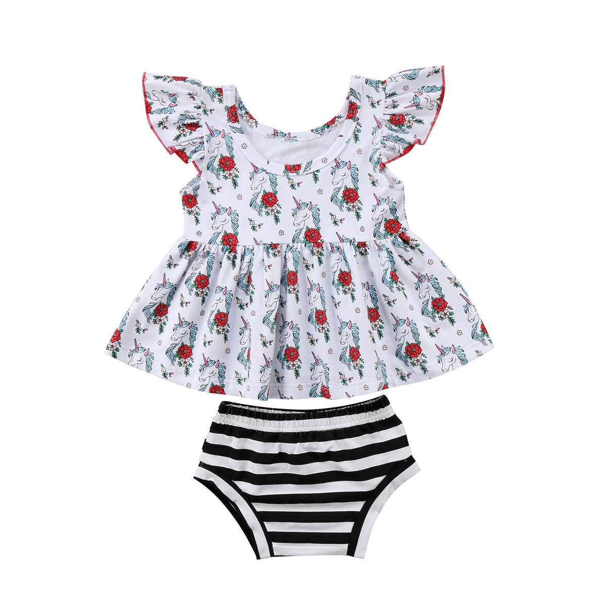 Baby Girls 2PCS Outfit Set Unicorn Flower Round Neck Top, Striped Triangle Pants