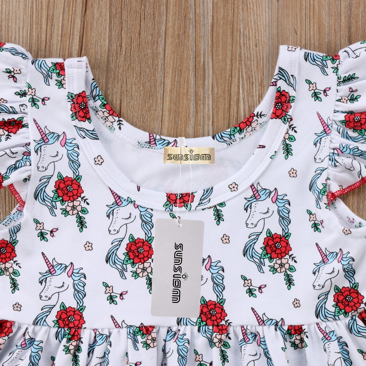 Baby Girls 2PCS Outfit Set Unicorn Flower Round Neck Top, Striped Triangle Pants