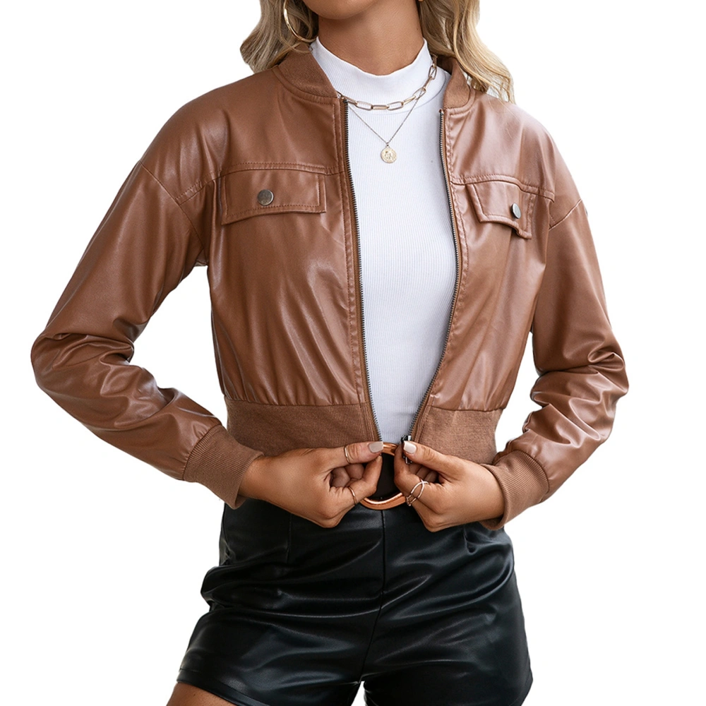 Women’s Solid Color Short Style Long Sleeve Zipper Leather Coat