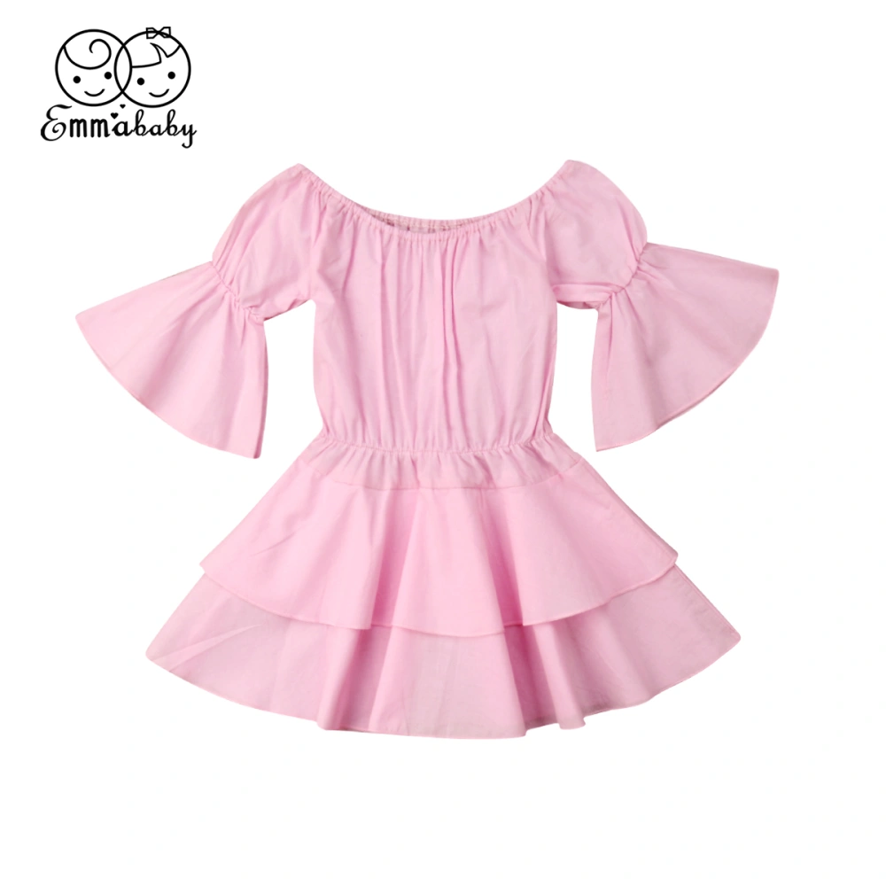 Girl's Dress, Solid Color Flared Sleeve Off Shoulder Ruffle Dress