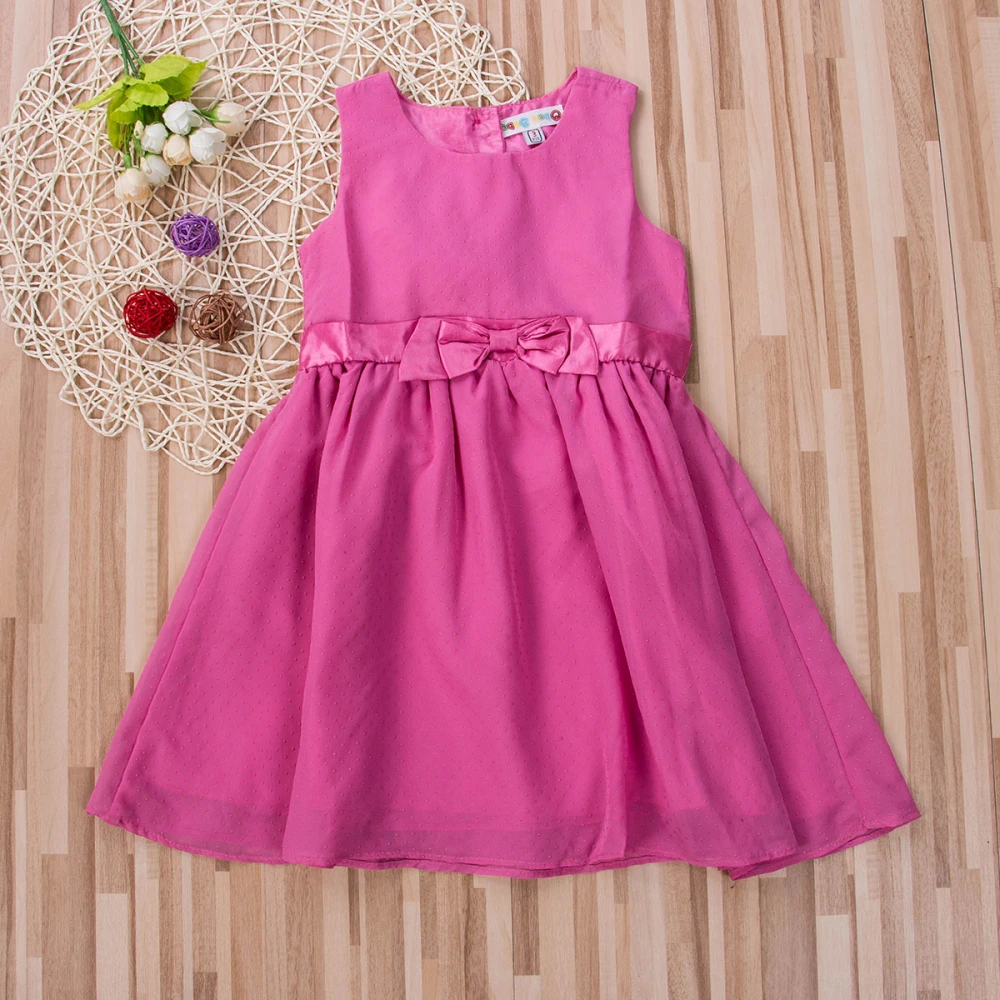 Little Girls Summer Dress Sleeveless Solid Waist Bows Round Neck Dress