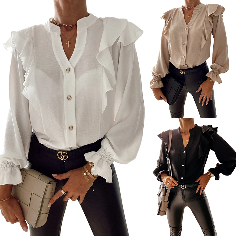 Women's Single Breasted Shirt, Full Sleeve Loose Fit V-Neck Tops