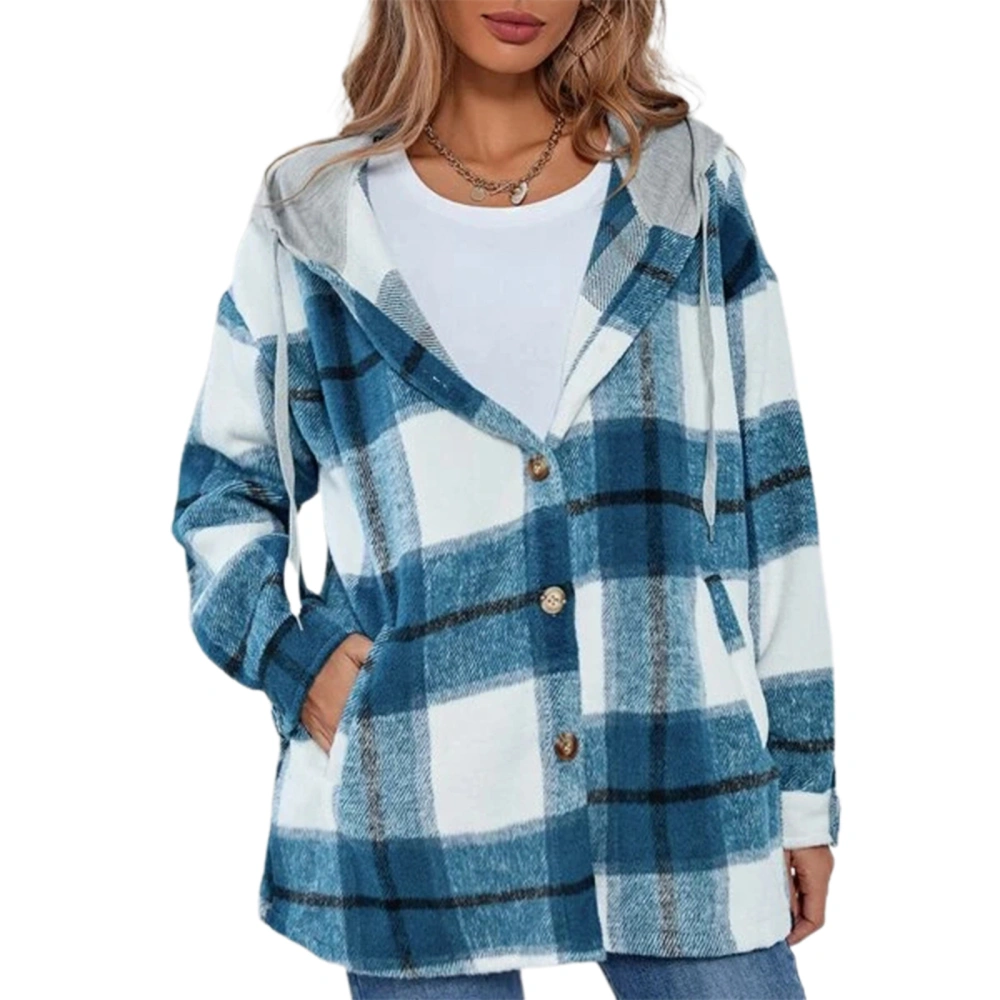 Female Woolen Coat, Plaid Long Sleeve Hooded Jacket with Pockets