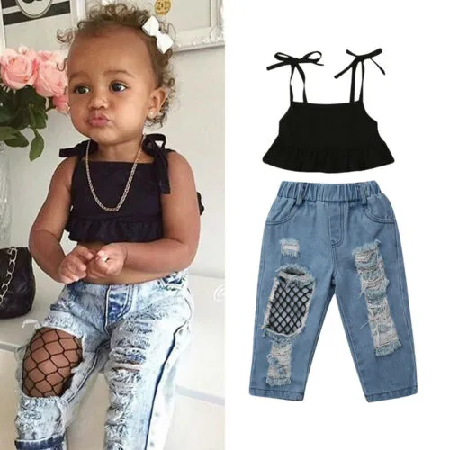 Baby Girls Outfits Sleeveless Lace-up Vest Tops + Fisnet Hole Jeans Pants