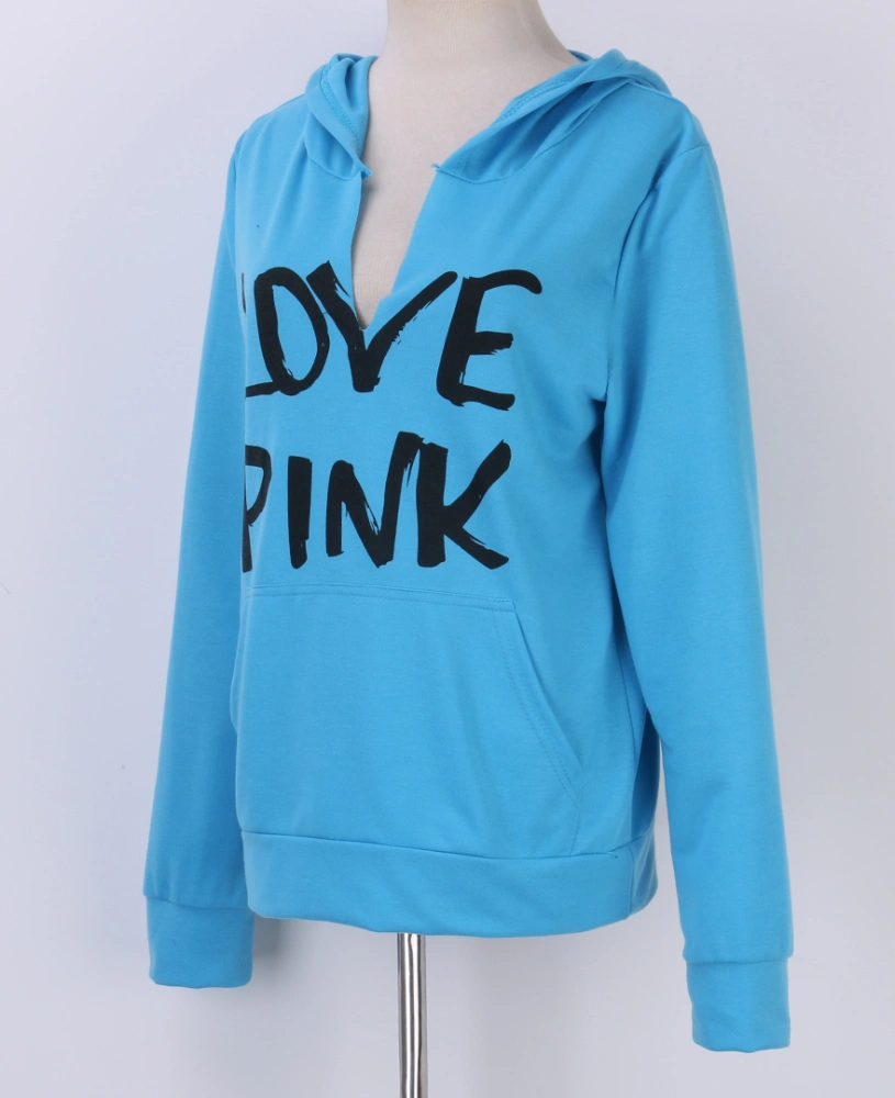 Women Deep V-neck Hooded Sweatshirt Letter Print Long Sleeve Pullover