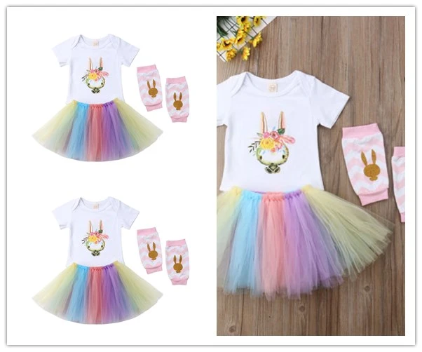 Newborn Summer Suit, Cartoon Bunny Romper Tops+Skirt+Leg Warmers