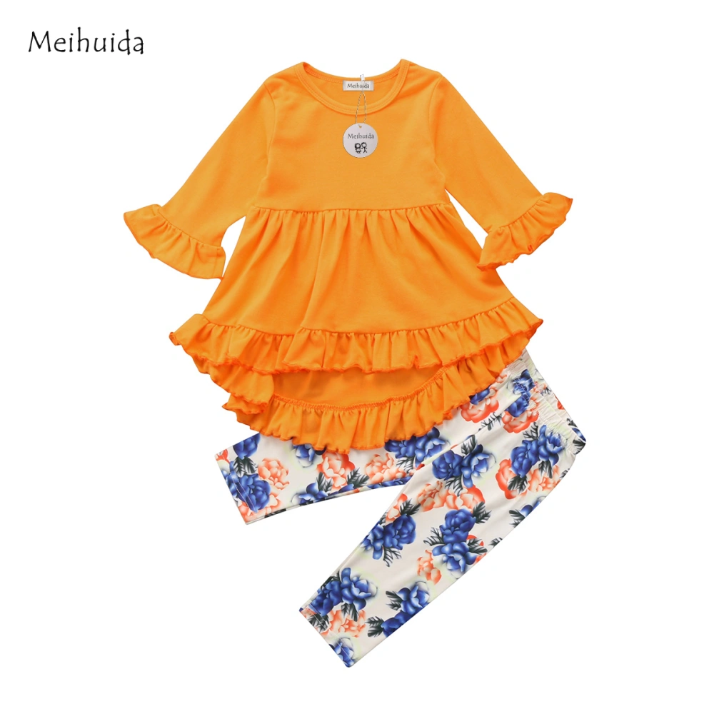 Baby Girl's Autumn Orange Long Flare Sleeve Ruffle Hem Top + Floral Pants