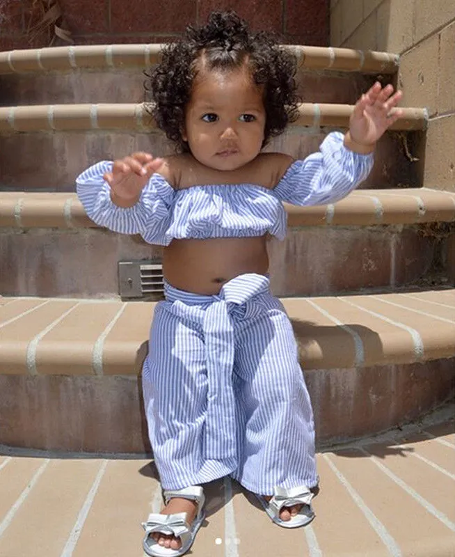 Baby Girl Stripe Print Summer Outfits, Off Shoulder Tops + Bow Wide-Leg Pants