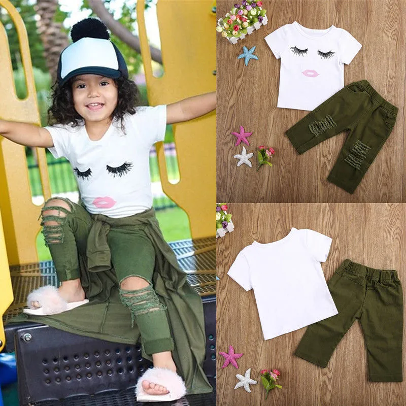 Baby Summer Tracksuits, Toddlers Short-Sleeves T-Shirt + Ripped Casual Pants