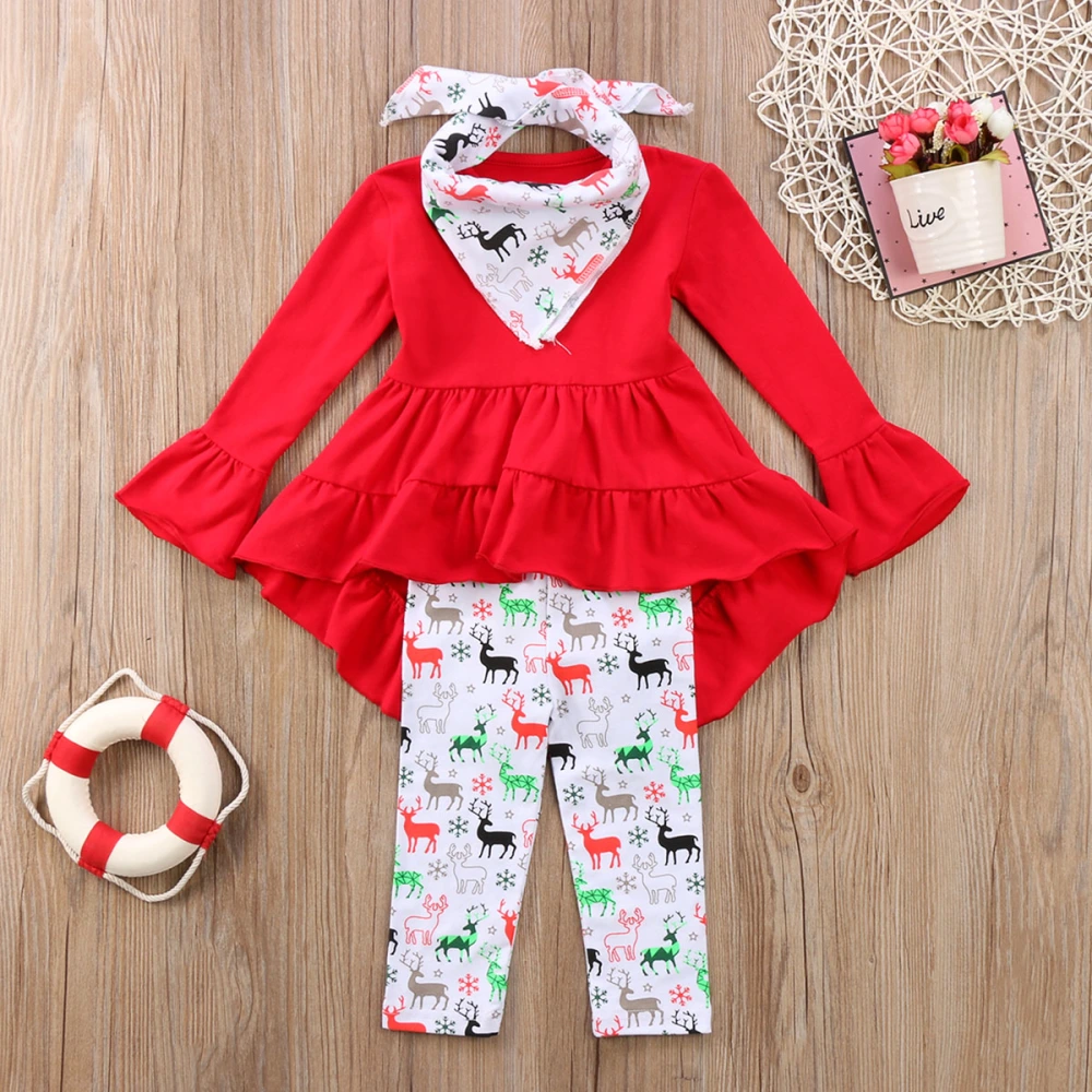 Little Girls 3PCS Outfit Set, Long Sleeve Top, Long Reindeer Pant,Triangle Bib