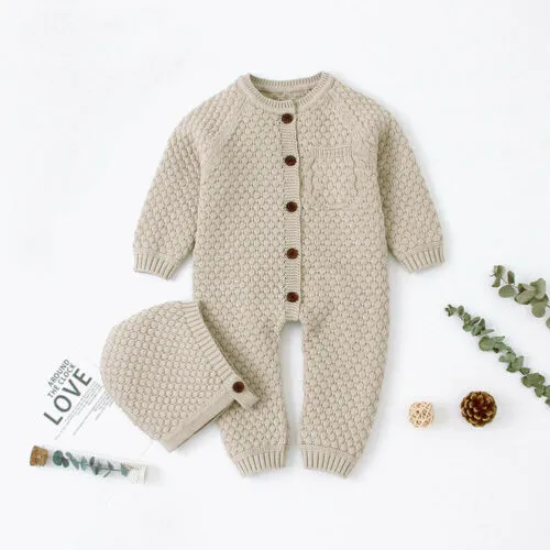 Newborn Baby Autumn Clothes Set Long Sleeve Solid Color Knit Romper+Cap