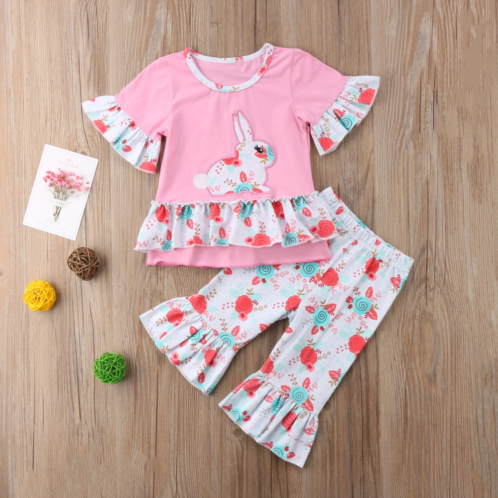 Girl 2 Pieces Easter Outfit, Rabbit Print Tops + Bell-Bottom Pant Set