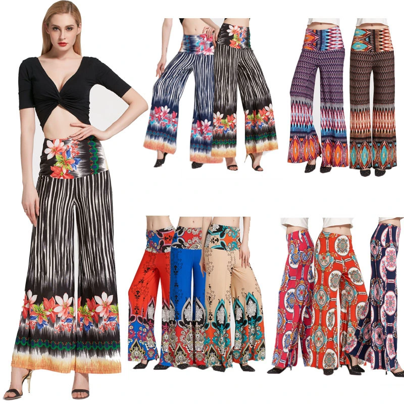 Women Floral Bell Bottom Wide Leg Flare High Waist Boho Retro Pants