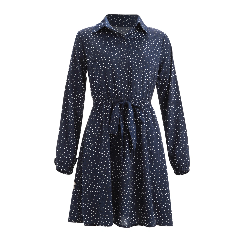 Women Casual Long Sleeve Dress, Dark Blue Wave Points Lapel One-piece