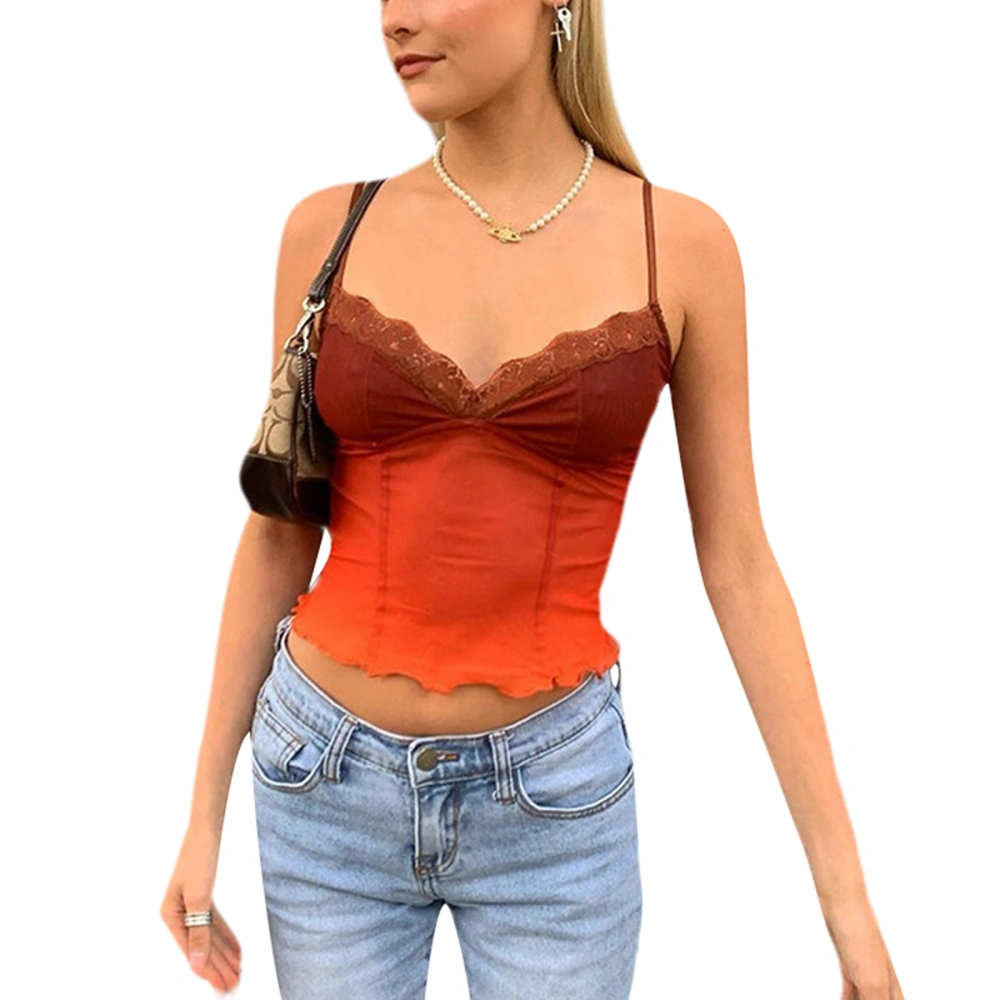 Women’s Color Contrast V-neck Mesh Yarn Exposed Navel Camisole