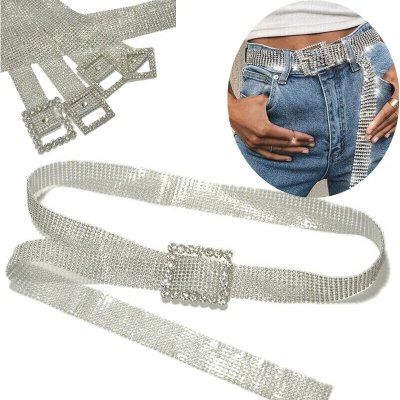 Women Shinny Crystal Belt Square Buckle Wide Chain Full Rhinestone Waistband