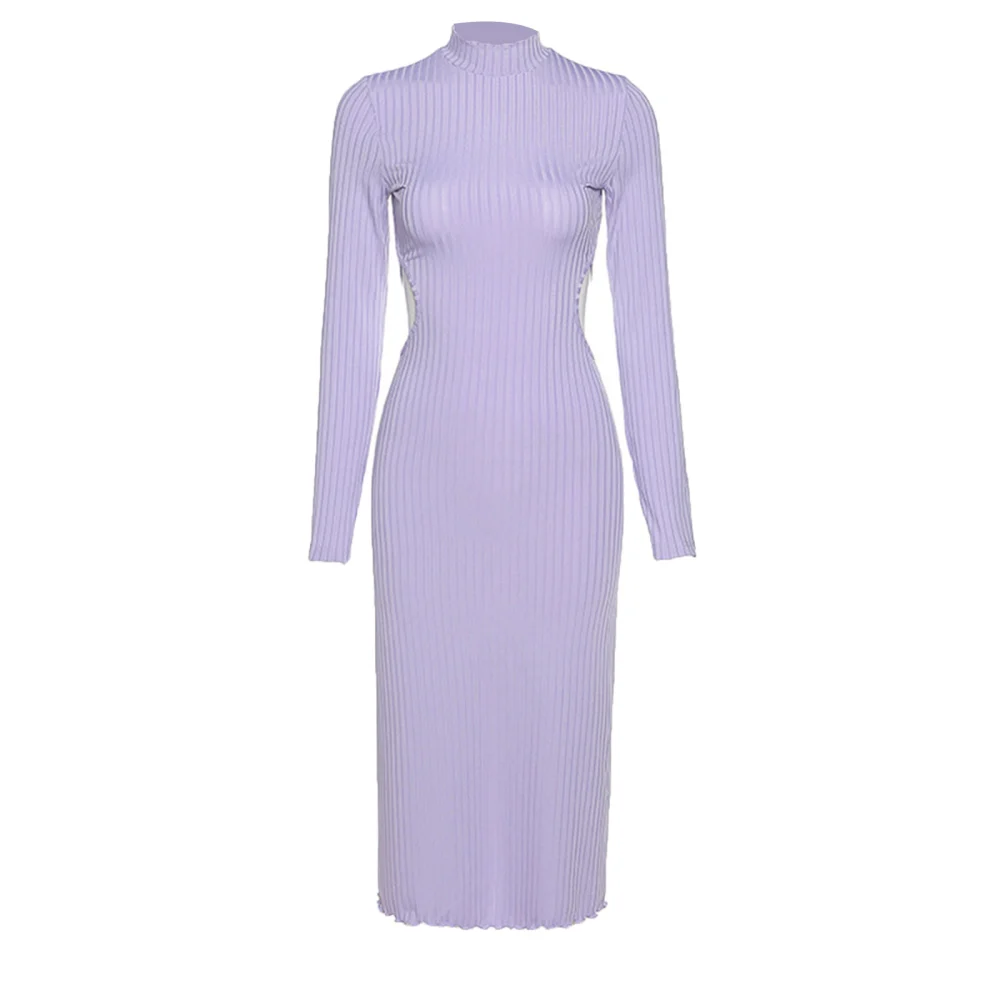 Women Sexy Backless Solid Color Long Sleeve Round Neck Tie Up Dress