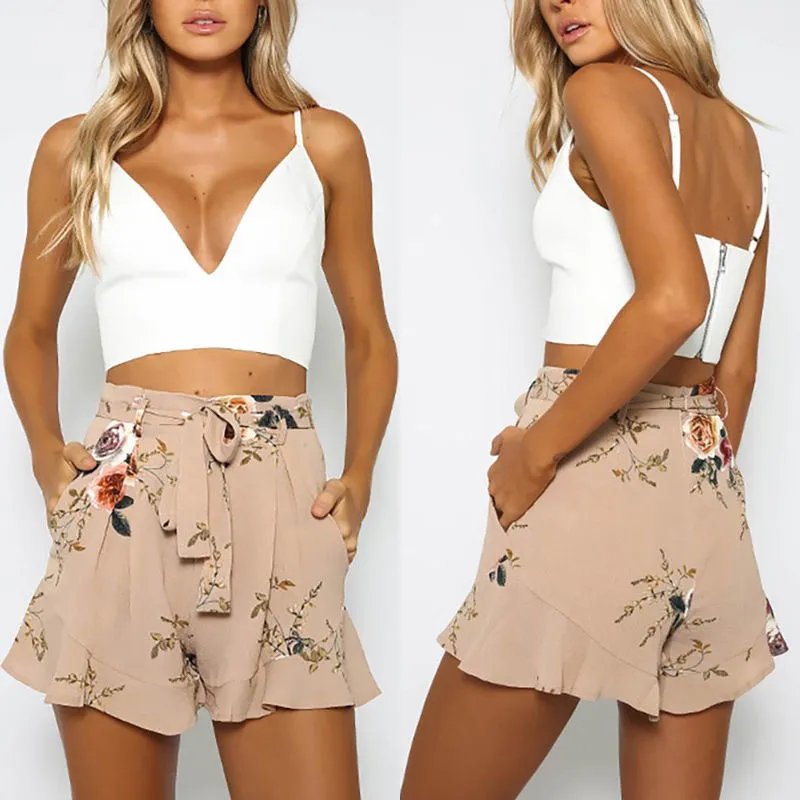 Women Shorts, Floral Printed High Lace Up Bow Waist Ruffled Hem Pants