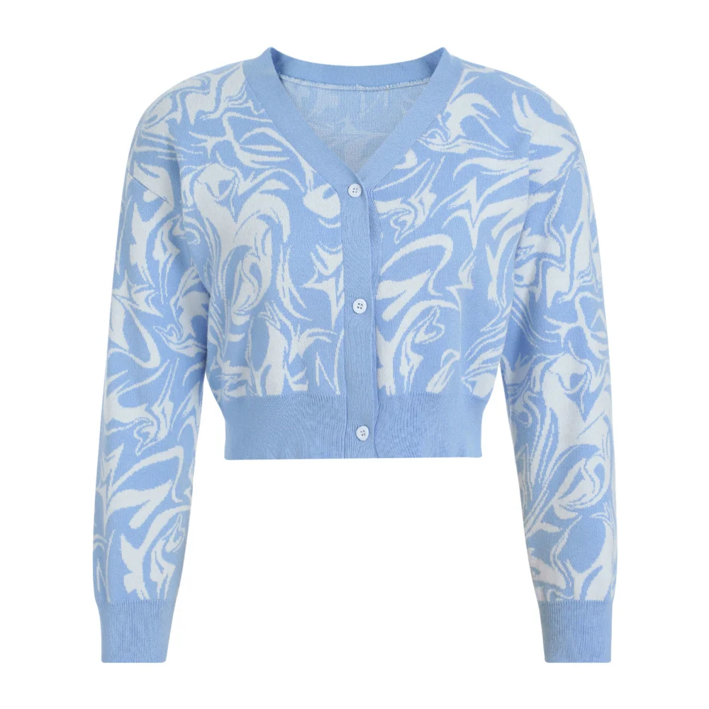 Women V-neck Button-up Tops, Water Wave/Geometry Print Cardigan