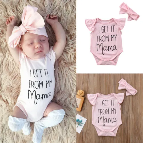 Newborn Baby Girl Flying Sleeve Letters Romper Jumpsuit + Bow Headband