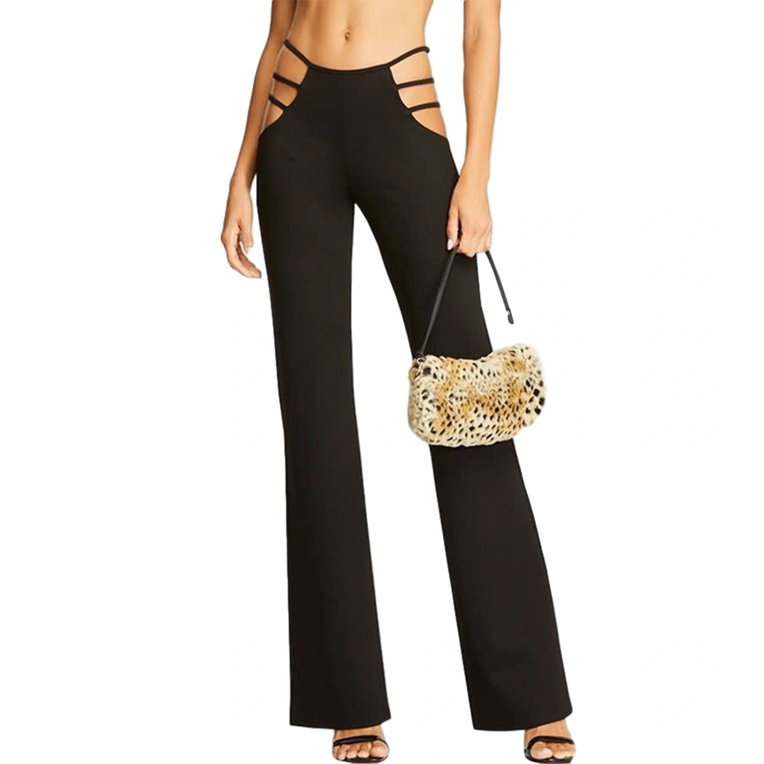 Women Cut Out Flare Pants Mid Waist Solid Color Stretch Bell Bottom Pants