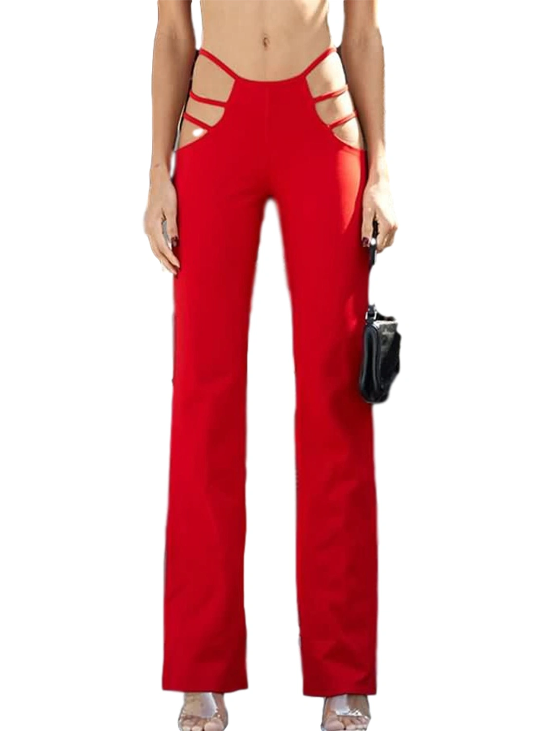 Women Cut Out Flare Pants Mid Waist Solid Color Stretch Bell Bottom Pants