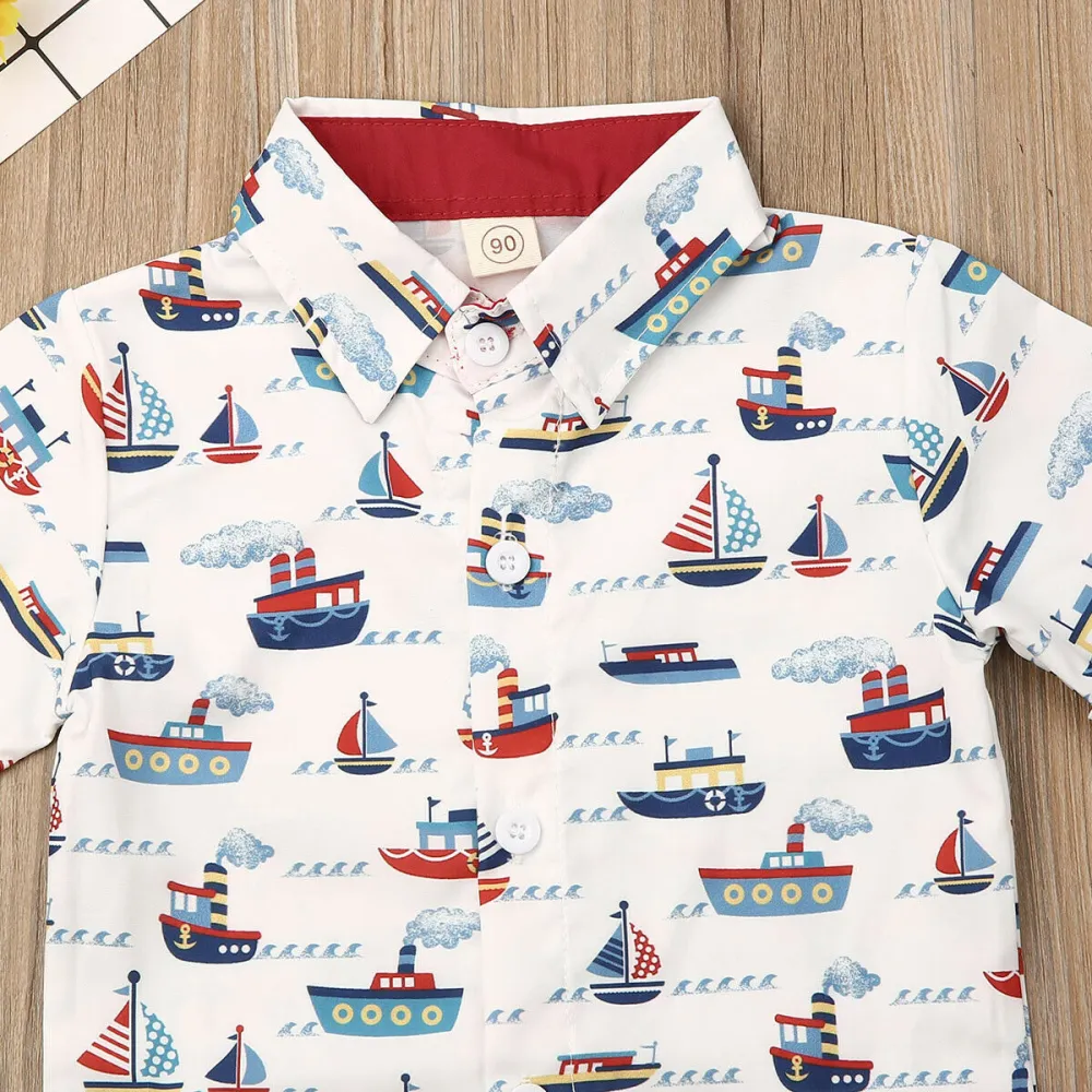 Baby Boy's Short Sleeve Sailboat Print Button Down Shirt + Solid Color Shorts