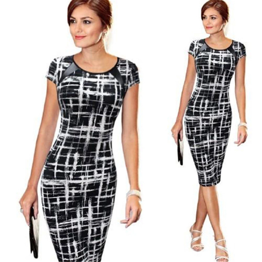 Women Hip Dress Sketch/Dot/Star Round Neck Short Sleeve Slim-Fit Dress