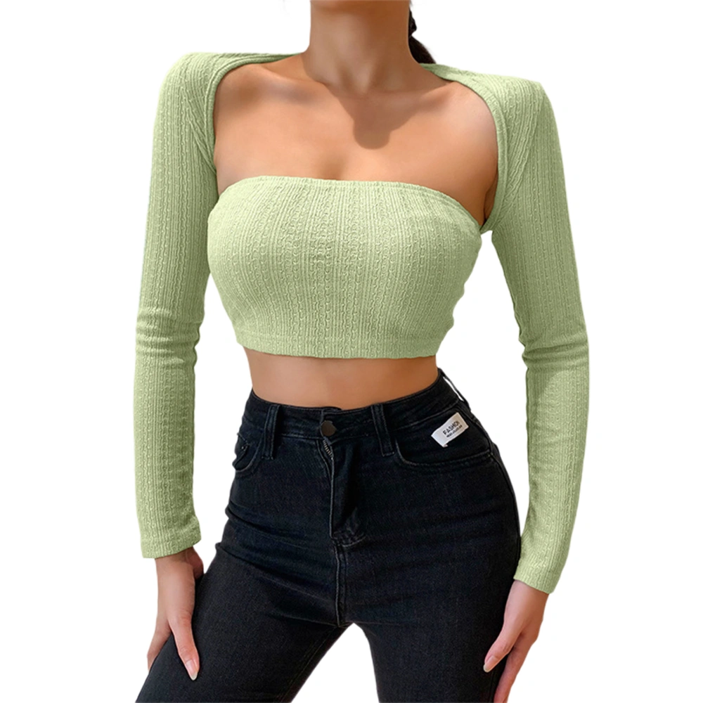 Women’s Solid Color Long Sleeve Tops and Exposed Navel Tube Tops Set