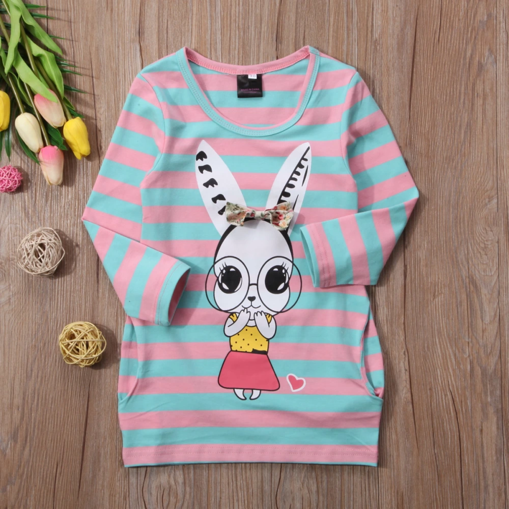 Baby Girl Casual T-shirt Dress Striped Rabbit Print Long Sleeve Dress