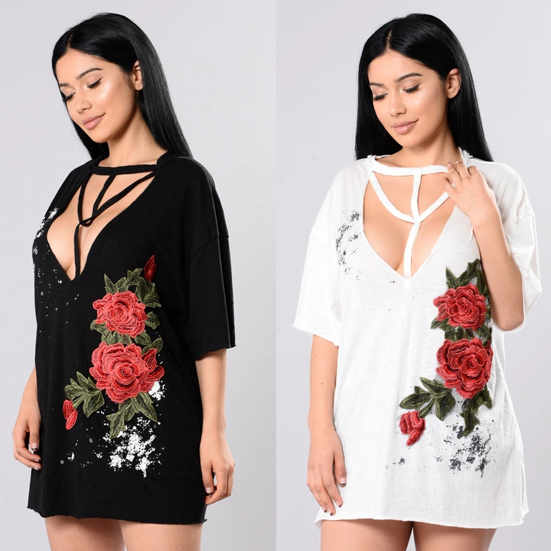 Women Flower Embroidery Loose T-shirt Short Sleeve V Neck Bandage Tops