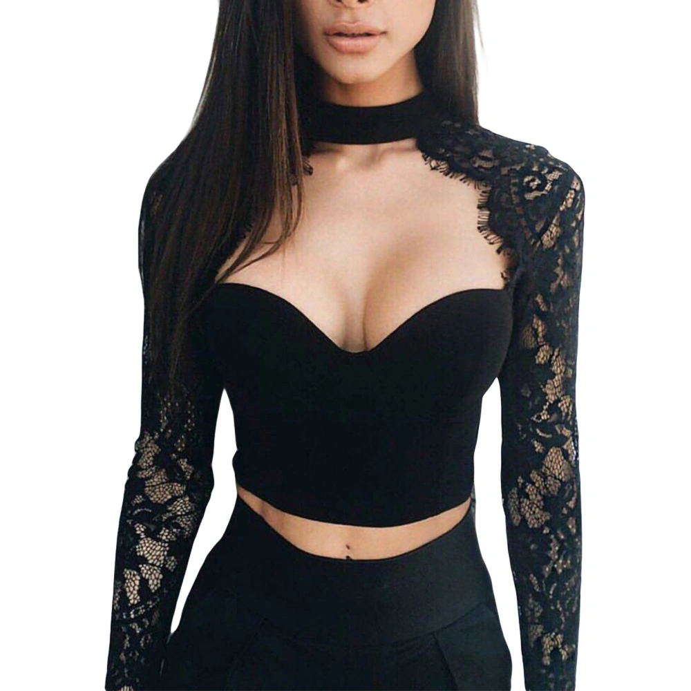 Women Sexy Lace Patchwork Tops Long Sleeve Push Up See-through Crop Tops