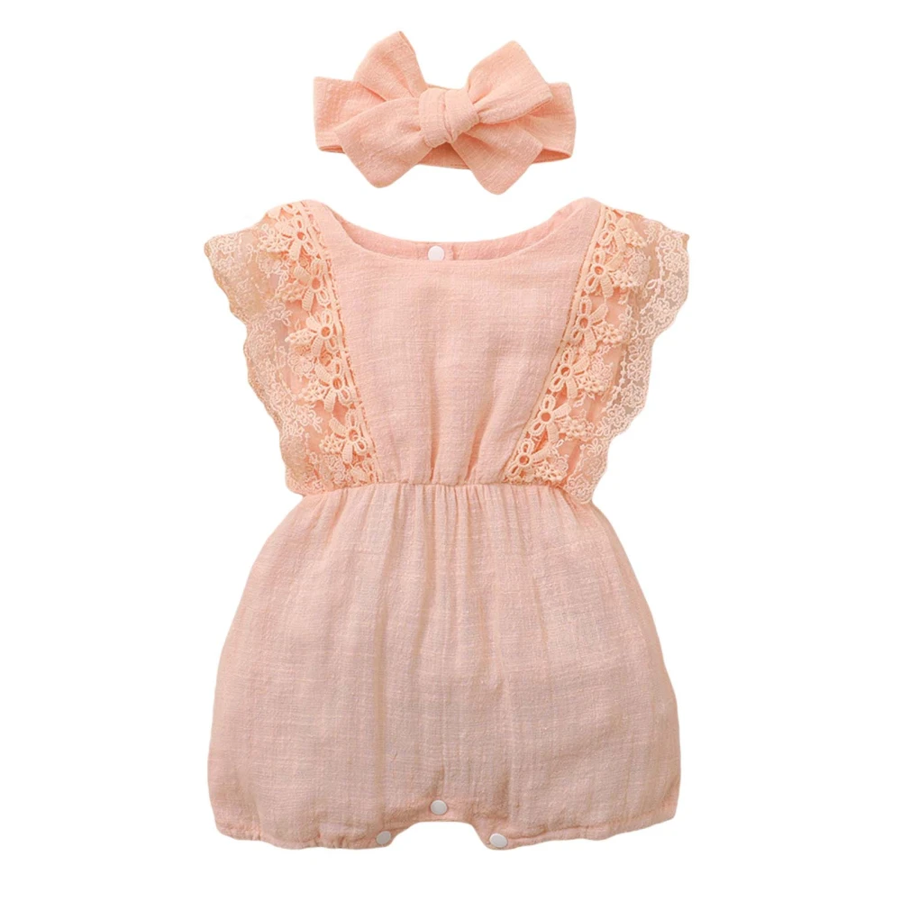 Toddler Girls Clothes Set, Sleeveless Short Romper with Lace+Headband