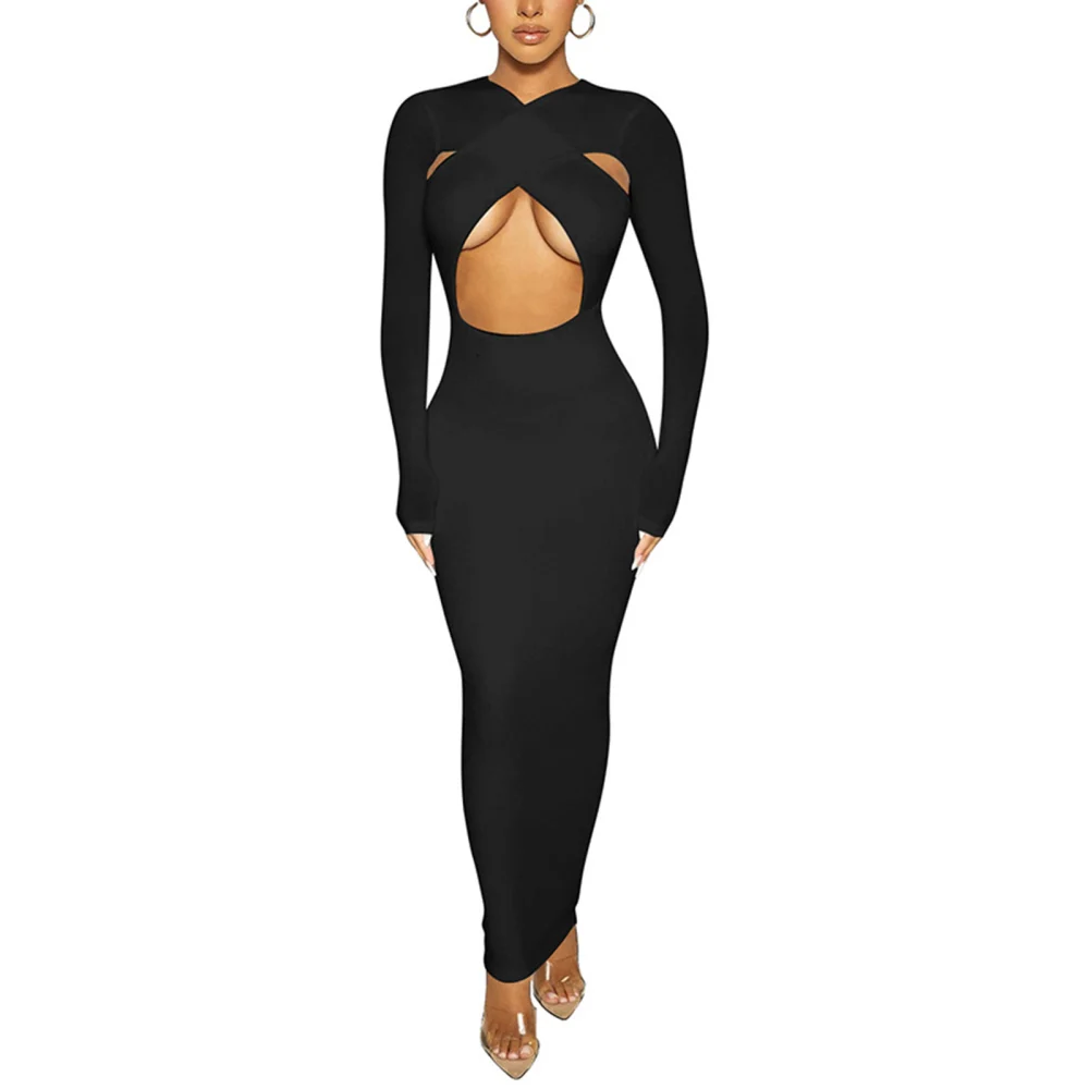 Women Sexy Hollow Out Dress, Solid Color Long Sleeve V-neck One-piece