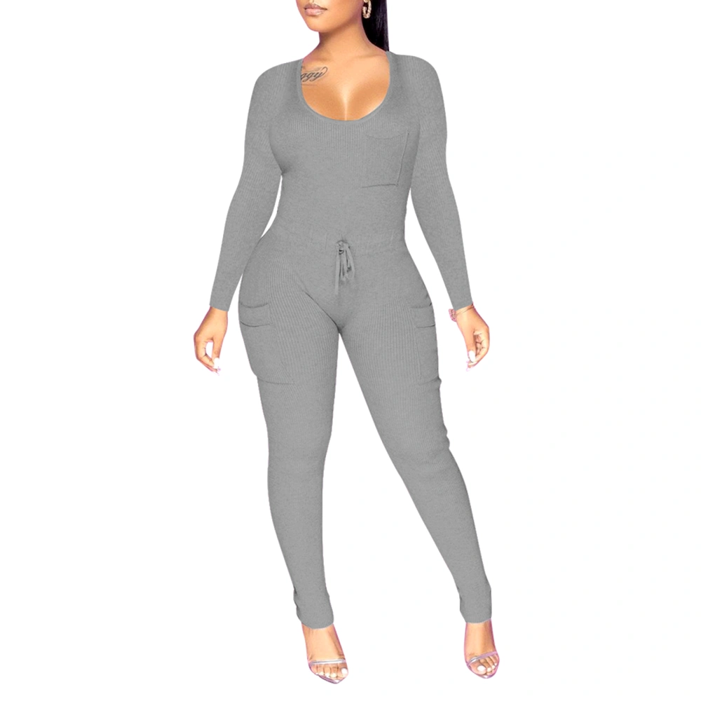 Women U Neck Long Sleeve Solid Color Long Romper Pants with Pockets