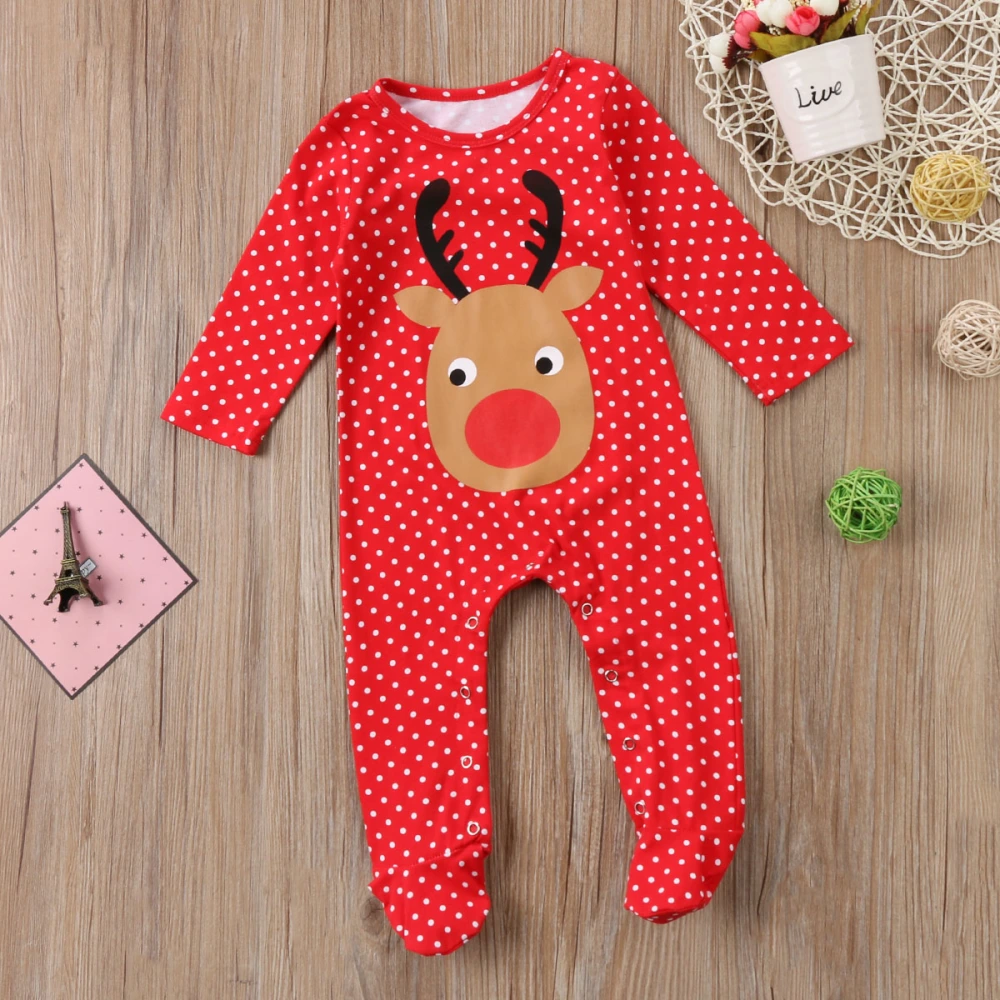 Baby Long Sleeve Romper, Dot Deer Head Print Round Neck Jumpsuit